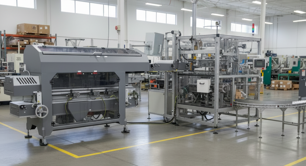 gravity and gantry case packing systems shown on manufacturing floor