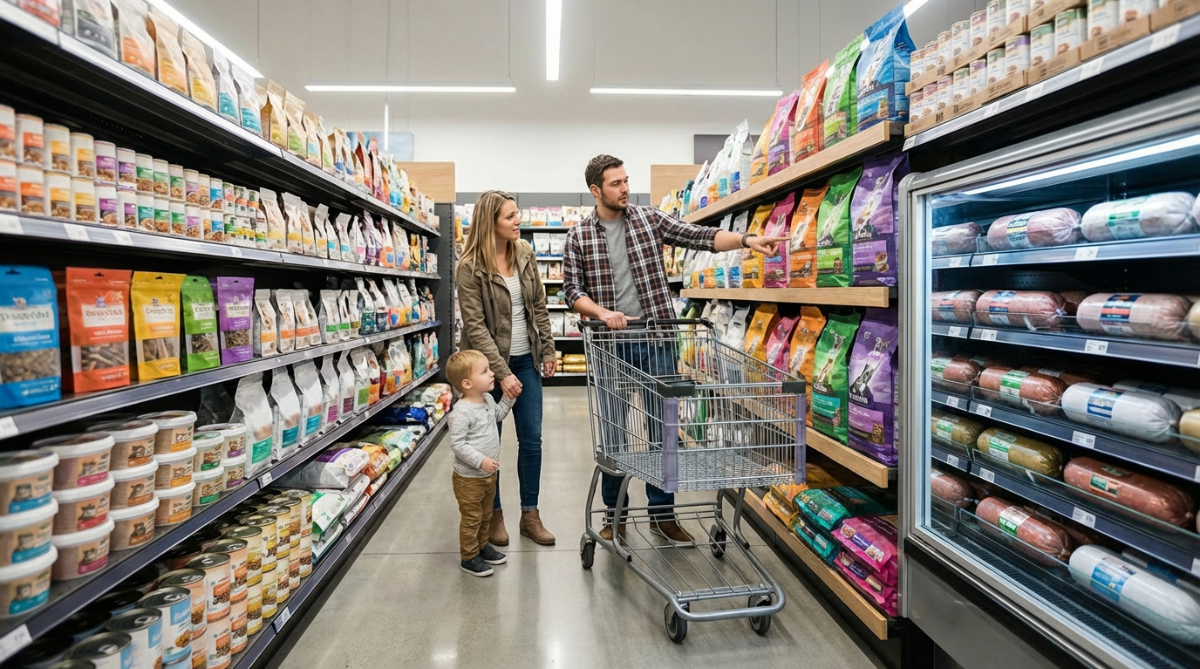 família comprando ração para animais de estimação no supermercado